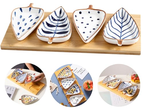 4 Stück Snack Schalen Set, Kleine Keramikschalen Blätter Form, Vorspeisenschale Mit Holzkissen Mini Gewürzschalen Saucenschalen Gewürzschale Dipschalen, Saucenbecher Für Vorspeisen Dips Und Snacks von XNSHUN