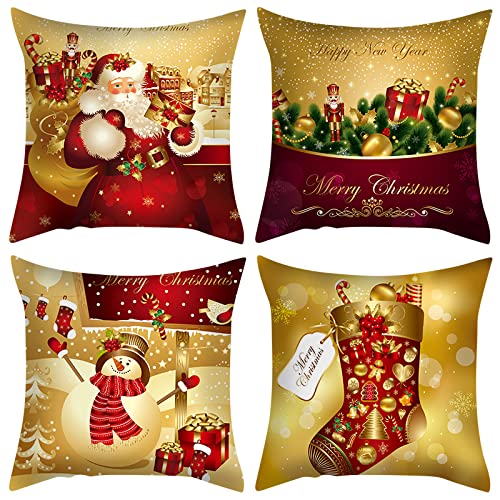 4 Stück Weihnachtskissen Kissenbezüge 45x45cm, Leinen Kissenbezug Frohe Weihnachten Kissenbezug Cushion Kissenhülle Deko, Weihnachten Dekokissen Für Innen, Zuhause, Büro, Couch, Schlafzimmer, Auto (E) von XNSHUN