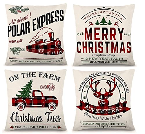 4 Stück Weihnachtskissen Kissenbezüge 45x45cm, Leinen Kissenbezug Frohe Weihnachten Kissenbezug Cushion Kissenhülle Deko, Weihnachten Dekokissen Für Innen, Zuhause, Büro, Couch, Schlafzimmer, Auto (C) von XNSHUN