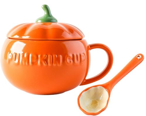 Halloween Kürbis Tassen Mit Deckel Und Löffel, Kürbisbecher Aus Keramik Herbst Tasse Kürbis, Dessert Schüssel Kaffeetassen Milchbecher, Keramik Tasse Wasser Tasse Für Thanksgiving (500ML) von XNSHUN