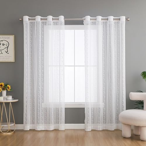 Spitze Vorhang Weiß Gardinen Schiebevorhänge, 2er Set Voile Vorhänge Halbtransparente Gardinen Mit Ösen, Vintage Bestickte Voile Spitzenvorhänge Für Wohnzimmer Schlafzimmer Dekor (H137 X B140 cm) von XNSHUN