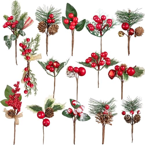 XNSHUN 15 Stück Weihnachtsbeeren Kleine Künstliche Rote Beeren, Künstliche Beerenzweige Künstliche Holly Berry, Zweige Deko Für Weihnachtsbaum Kranz Arrangement Heimdekoration (A) von XNSHUN