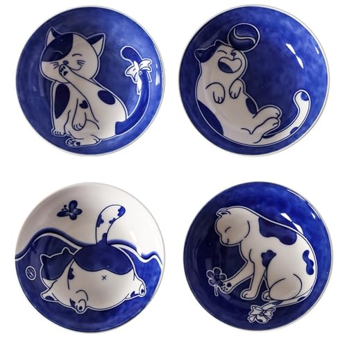 XNSHUN 4 Stück Sushi Sojasauce Dip Schälchen, Mini Keramik Soße Gewürzschalen Snackschale Set, 3.5 Inch Dipschalen Soja Saucenschälchen Für Gewürzen Sojasauce Saucen Snacks (Katze 02) von XNSHUN