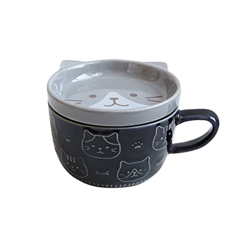 XNSHUN Tasse Keramiktasse Mit Deckel, Cartoon-Katze Kaffeetassen Frühstück Haferflocken Kaffeebecher Coffee Cup, Spülmaschinengeeignete Bruchsicher Für Kaffee Tee Wasser Milch, 400ML (Blau) von XNSHUN