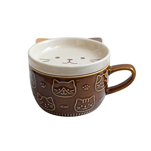 XNSHUN Tasse Keramiktasse Mit Deckel, Cartoon-Katze Kaffeetassen Frühstück Haferflocken Kaffeebecher Coffee Cup, Spülmaschinengeeignete Bruchsicher Für Kaffee Tee Wasser Milch, 400ML (Braun) von XNSHUN