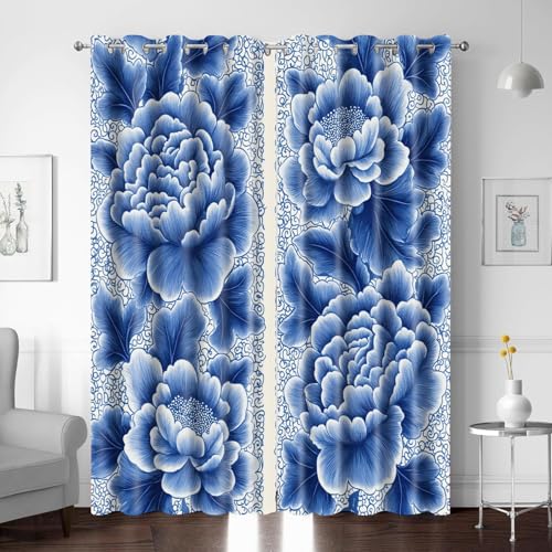 XNWYWE Blickdichte Vorhänge Aquarell Blaue Blumen 2er Set H166 x B150 cm Verdunklungsvorhänge Gardinen mit Ösen Thermovorhang Hitzeschutz Verdunkelnde Gardinen für Wohnzimmer Schlafzimmer von XNWYWE
