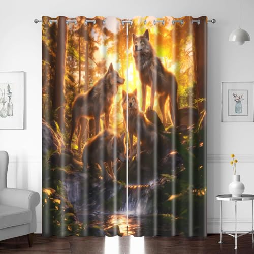 XNWYWE Blickdichte Vorhänge Sonniger Wald Wolf, Verdunklungsvorhänge mit Ösen, Gardinen Vorhänge für Wohnzimmer Schlafzimmer Dekoration, Thermovorhang Kälteschutz, 2er Set, 214x264cm (HxB) von XNWYWE