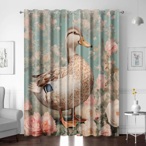 XNWYWE Vorhänge Blickdicht für Wohnzimmer, HxB 214x183 cm Blumen Tier Ente Verdunkelungsvorhänge mit Ösen Thermovorhang Kälteschutz, Gardinen Vorhänge für Kinderzimmer Schlafzimmer 2er Set von XNWYWE