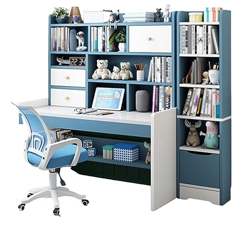 XNYXLPP Funktionelles Kinderschreibtisch- und Stuhlset mit Bücherregal, Schubladen und Ablagefach mit höhenverstellbarem Kinderstuhl (B Blue) von XNYXLPP