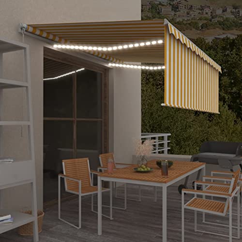 Einziehbarer, manueller Sonnenschutz und LED, 4 x 3 m, Gelb, Weiß, UV-Schutz, einziehbare Sonnenmarkise, Gartenmarkisen von XNZJHPP