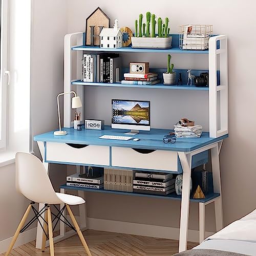Moderner Home-Office-Schreibtisch mit Schrank, Holzschreibtisch, Arbeitstisch mit Schubladen, Computertisch, PC-Laptop-Schreibtisch, Arbeitsstation mit offenen Ablagefächern (Blue 100x50x74cm) von XNZJHPP