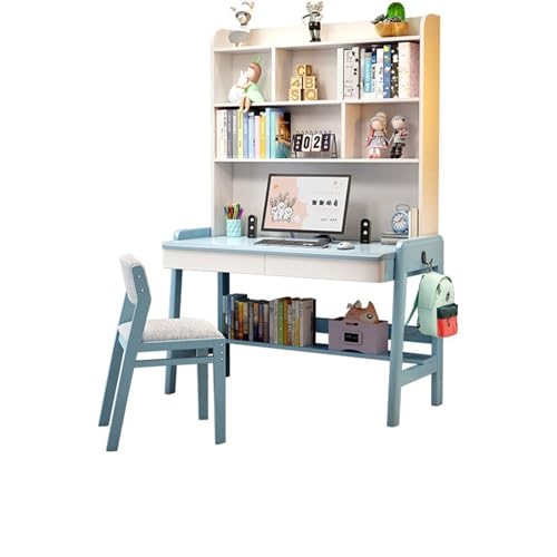 XNZJHPP Desktop-Computertisch aus massivem Holz mit Bücherregal, ideal für das Heimbüro oder Schüler (Blue+Chair B 70x60x193cm) von XNZJHPP