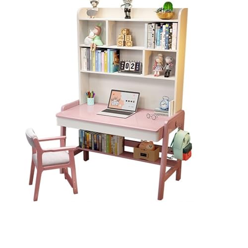 XNZJHPP Desktop-Computertisch aus massivem Holz mit Bücherregal, ideal für das Heimbüro oder Schüler (Pink+Chair C 70x60x193cm) von XNZJHPP