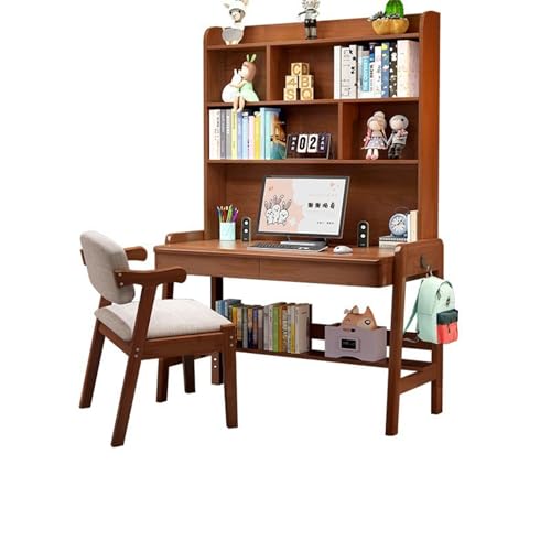 XNZJHPP Desktop-Computertisch aus massivem Holz mit Bücherregal, ideal für das Heimbüro oder Schüler (Walnut+Chair a 120x60x193cm) von XNZJHPP