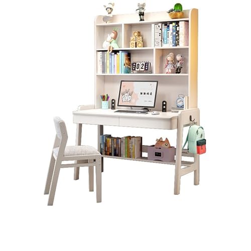 XNZJHPP Desktop-Computertisch aus massivem Holz mit Bücherregal, ideal für das Heimbüro oder Schüler (White+Chair B 120x60x193cm) von XNZJHPP