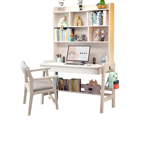XNZJHPP Desktop-Computertisch aus massivem Holz mit Bücherregal, ideal für das Heimbüro oder Schüler (White+Chair C 100x60x193cm) von XNZJHPP