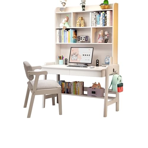 XNZJHPP Desktop-Computertisch aus massivem Holz mit Bücherregal, ideal für das Heimbüro oder Schüler (White+Chair a 100x60x193cm) von XNZJHPP