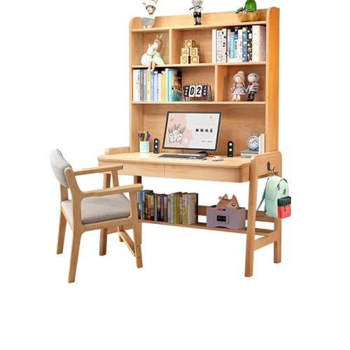 XNZJHPP Desktop-Computertisch aus massivem Holz mit Bücherregal, ideal für das Heimbüro oder Schüler (Wood Color+Chair C 100x60x193cm) von XNZJHPP