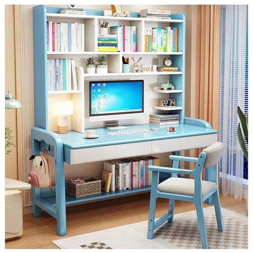 XNZJHPP Höhenverstellbarer Schreibtisch aus Massivholz mit integriertem Bücherregal, vielseitiger Schreibtisch für Studenten und Erwachsene (Blue+Chair a 105x60x173cm) von XNZJHPP