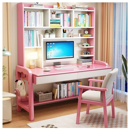XNZJHPP Höhenverstellbarer Schreibtisch aus Massivholz mit integriertem Bücherregal, vielseitiger Schreibtisch für Studenten und Erwachsene (Pink+Chair B 105x60x173cm) von XNZJHPP