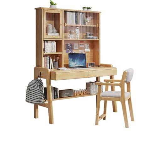 XNZJHPP Massivholz-Schreibtisch mit Bücherregal-Kombination, Schlafzimmer- und Heimbüromöbel (Wood Color+Chair B 120x60x188cm) von XNZJHPP