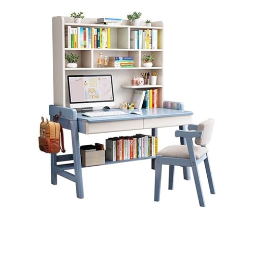 XNZJHPP Massivholz-Schreibtisch mit integriertem Bücherregal, ideal für das Heimbüro oder Schlafzimmer, praktischer Massivholz-Schreibtisch (Blue+Chair a 120x60x186cm) von XNZJHPP
