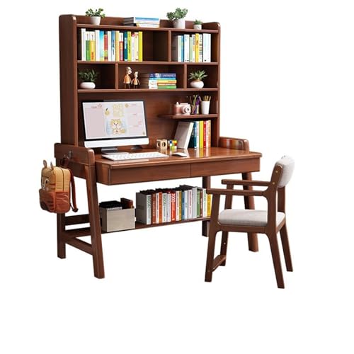 XNZJHPP Massivholz-Schreibtisch mit integriertem Bücherregal, ideal für das Heimbüro oder Schlafzimmer, praktischer Massivholz-Schreibtisch (Walnut+Chair B 80x60x186cm) von XNZJHPP