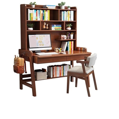 XNZJHPP Massivholz-Schreibtisch mit integriertem Bücherregal, ideal für das Heimbüro oder Schlafzimmer, praktischer Massivholz-Schreibtisch (Walnut+Chair a 120x60x186cm) von XNZJHPP
