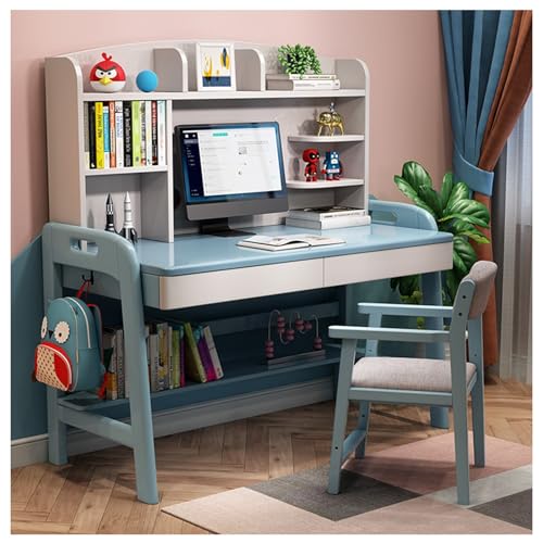 XNZJHPP Minimalistischer Schreibtisch aus massivem Holz mit integriertem Bücherregal, für das Heimbüro oder das Studentenzimmer (Blue+Chair 80x60x135cm) von XNZJHPP
