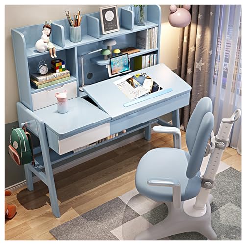 XNZJHPP Verstellbarer Schreibtisch aus Massivholz mit integriertem Bücherregal, ideal zum Schreiben im Schlafzimmer (Blue 100x60x135.5cm) von XNZJHPP