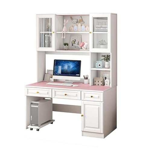 XNZJHPP Vielseitiger Massivholz-Schreibtisch mit Bücherregal-Kombination, geeignet für Heimbüro, Arbeitszimmer oder Schlafzimmer (100x60x188cm Pink) von XNZJHPP