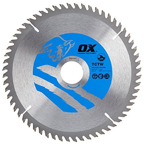 OX OX-TCTW-1843060 Wood Cutting Circular 184/30mm, 60 Teeth ATB Saw Blade, Silver/Blue, 184/30 mm von OX Tools