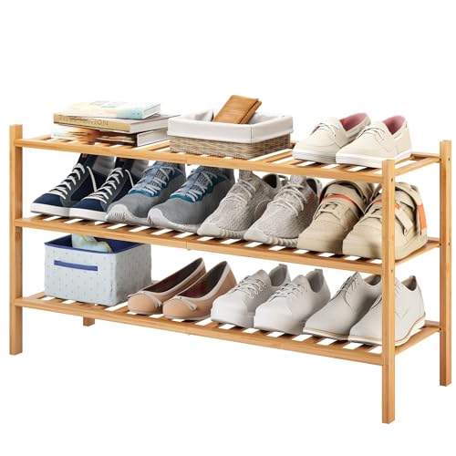 XOBRJQZ Selbsttragendes Schuhregal aus Bambus 3 Ebenen für Eingangsbereich, Stapelbar, Schuhablage Schuhaufbewahrungsorganizer für Flur, Schrank, Wohnzimmer von XOBRJQZ