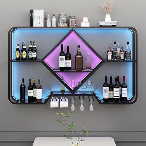 An der Wand montierte Weinregale mit LED-Licht, multifunktionales, funktionales Lagerregal, Weinlager-Präsentationsregal mit Glashalter, schwebende Barregale für Heimrestaurants (Größe: 120 x 20 x 70 von XONJEMU