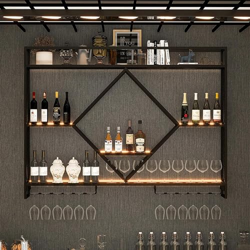 An der Wand montierte Weinregale mit LED-Licht, schwebende Lagerregale für die Bar, multifunktionaler Flaschenhalter aus Metall mit umgedrehtem Weinglasregal, Präsentationsständer für Schnapsflaschen, von XONJEMU