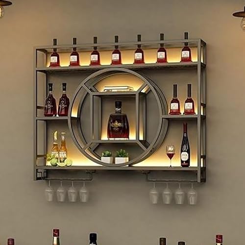 An der Wand montiertes Weinregal, schwebende Regale im modernen Stil mit LED-Licht, hängendes Weinlager-Präsentationsregal für die Bareinheit mit umgekehrtem Weinglashalter, für die Dekoration der Hau von XONJEMU