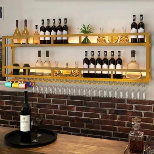 An der Wand montiertes Weinregal mit LED-Licht, schwebende Metallregale für Schnapsflaschen und Weingläser, multifunktionales Lagerregal, Weinlager-Präsentationsregal für Zuhause, Restaurants, Bars (F von XONJEMU