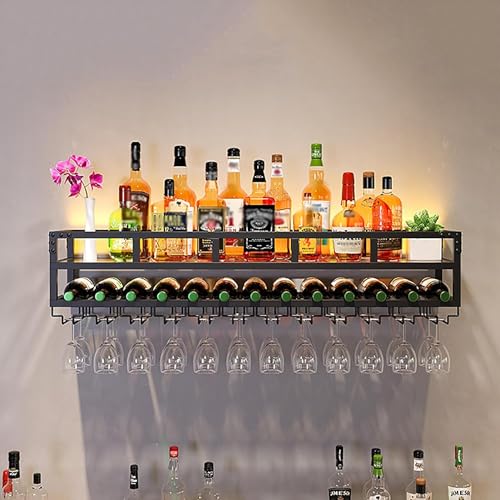 Wandmontierte Weinregale mit LED-Licht, schwimmende Barregale für Spirituosen, multifunktionaler Weinflaschenhalter aus Eisen, Lagerregal mit umgekehrtem Glasregal, für Zuhause, Restaurant, Bar (Farbe von XONJEMU
