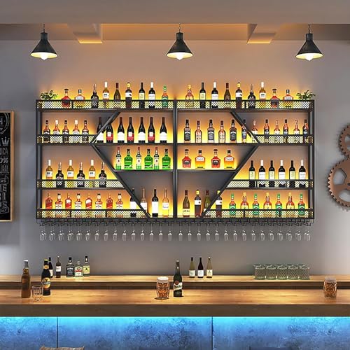 XONJEMU An der Wand montiertes Weinflaschenregal, moderner Ausstellungsständer aus Metall und Eisen mit hängendem Weinglas-Organizer und LED-Leuchten, Vitrine für Restaurant-Bars zu Hause von XONJEMU
