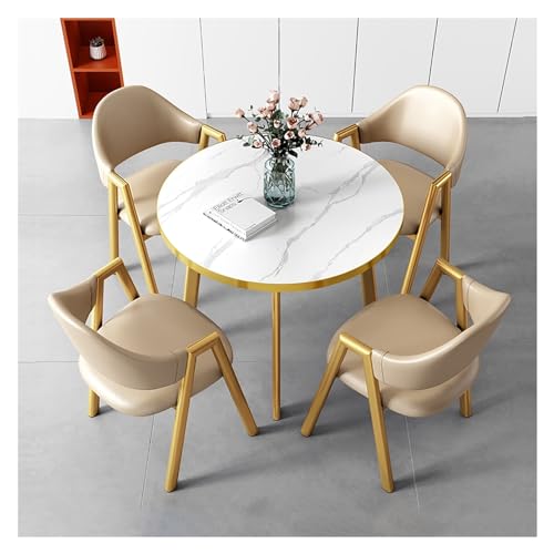 XONJEMU Dining Table with 4 Chairs,Round Dining Table Set with Marble Structure,Dining Room Table with 4 Chairs Set,Kitchen Breakfast Bar Table and Chair Set,Office Reception Round Table,Space Saving von XONJEMU