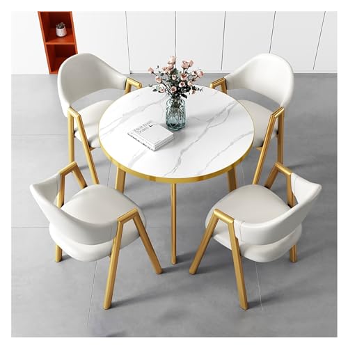 XONJEMU Dining Table with 4 Chairs,Round Dining Table Set with Marble Structure,Dining Room Table with 4 Chairs Set,Kitchen Breakfast Bar Table and Chair Set,Office Reception Round Table,Space Saving von XONJEMU