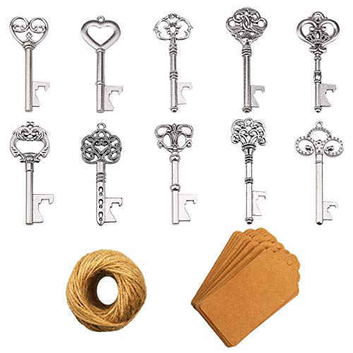 Schlüssel Flaschenöffner - 50 Stück Schlüssel Flaschenöffner mit Kraftpapier Geschenkanhänger und Schnur für Hochzeit Gefälligkeiten antike rustikale Party Dekoration(10 Stile - Silber) von XONOR