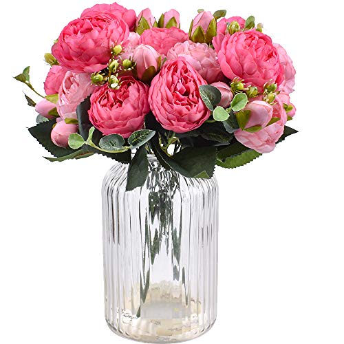 XONOR 4 Stücke Künstliche Pfingstrose Seidenblumen Gefälschte Glorious Blumensträuße für Hochzeitsfest-Hochzeitsdekoration, 5 Gabeln, 9 Kopf (Rose Rot & Rosa) von XONOR
