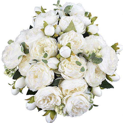 XONOR 4 Stücke Künstliche Pfingstrose Seidenblumen Gefälschte Glorious Blumensträuße für Hochzeitsfest-Hochzeitsdekoration, 5 Gabeln, 9 Kopf (Weiß) von XONOR