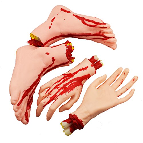 XONOR Halloween abgetrennte Hände Füße Set Scary Blutige gebrochene Körperteile Halloween Requisiten Dekorationen, 4 Stück (Füße und Hände) (Hautfarbe) von XONOR