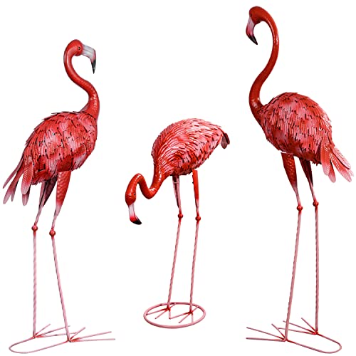 XONOR Metall-Flamingo-Gartenstatuen, groß, roter Flamingo, Gartenkunst, Outdoor-Skulpturen für Zuhause, Terrasse, Rasen, Hinterhof, Dekoration, 3 Stück von XONOR