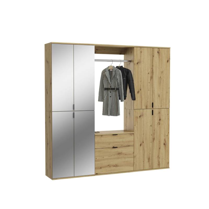 Garderobenkombination Artisan Eiche mit Spiegelglas, 183x193x34 cm von XONOX Home