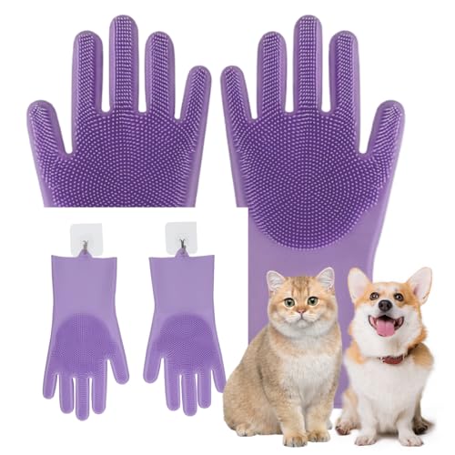 XOUDKE Katzen Handschuhe Fellpflege, katzenbürste handschuh, katzenhandschuh fellpflege kurzhaar, Haustier Handschuh Bürste für Katze, Hund, Pferd, kurzem Fell, lebensmittelechtes Silikon (lila) von XOUDKE