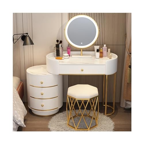 XOVP-023 Frisiertisch Weißes Schminkset, Schminktisch mit rundem Spiegel, weißer Schminktisch for Mädchen und Frauen for Schlafzimmer mit viel Stauraum Vanity Table Set (Color : A, Size : 100cm) von XOVP-023