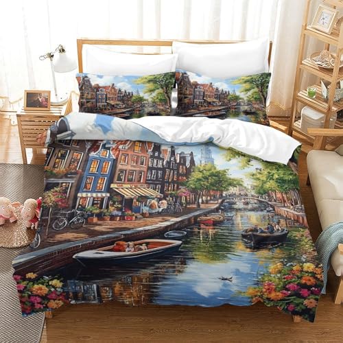 XPASHIQWC 3-teiliger 3D-Druck Amsterdamer Kanal Bettbezug Set House Ship Mikrofaser Mit Reißverschluss, Für Kinder, Teens, Schlafzimmer King（220x240cm） von XPASHIQWC